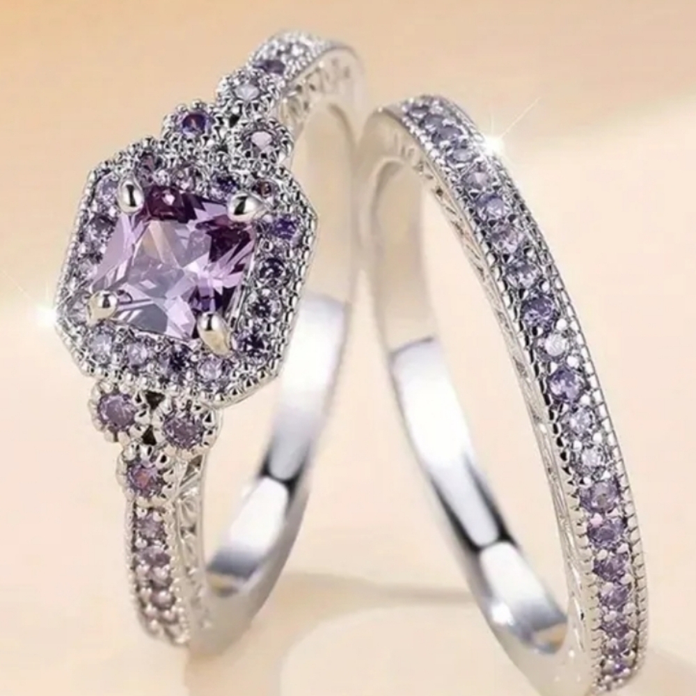 Purple Cz and Silver Alloy  Engagement Rings Set